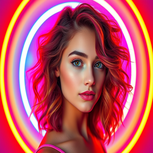 Generate a vibrant portrait of a young woman with colorful, wavy hair, set against a bright, circular neon background, using a 50mm lens at f/1.8, shot in portrait mode, with a soft focus and vivid colors in high resolution.