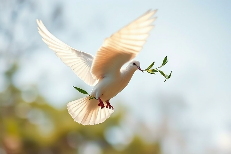 Create an illustration of a dove in flight holding an olive branch using a Canon EOS 5D Mark IV with a 50mm f/1.8 lens at f/2.8, ISO 200, and a shutter speed of 1/500s in a bright, outdoor setting with a soft focus background.