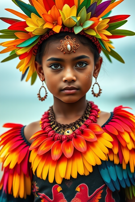 A beautiful Samoan girl, wearing colorful bird clothing with vibrant colors