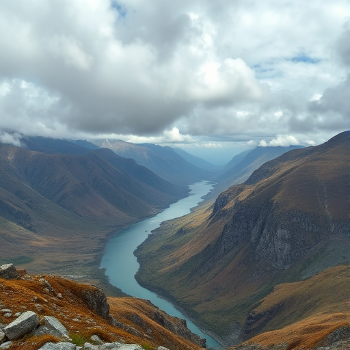 landscape photo of a mountainous area with a river and cloudy sky, taken from a high viewpoint, using a Canon EOS 5D Mark IV camera, 24mm lens, f/11 aperture, ISO 100, shot in RAW format for high-quality detail and color depth