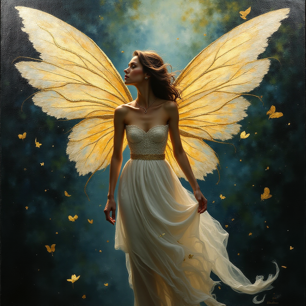 Palette knife oil painting, featuring an elegant feminine fairy with enormous translucent wings, high contrast, impasto texture, with chiaroscuro and dramatic shadows and shining Gold Foil highlights