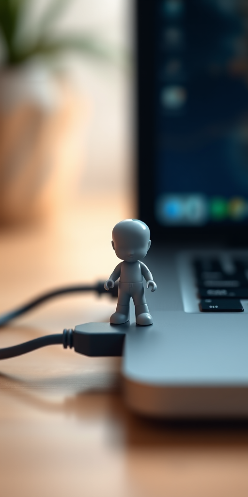Create a 3D render of a small figurine partially plugged into a laptop USB port, with a blurred background and soft shadows, using a Canon EOS R5 with a 50mm lens at f/2.8, ISO 100, and a shutter speed of 1/125 sec, ensuring high detail and vibrant colors.