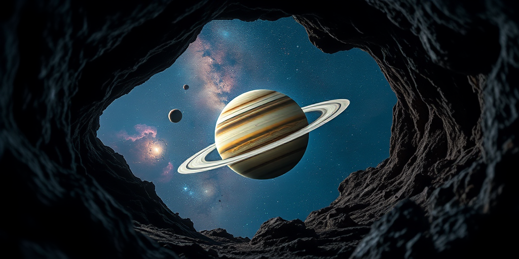 Create a high-resolution image of Saturn viewed from inside a cave, with rocky textures framing the scene, featuring a starry sky and colorful nebulae in the background, captured with a Canon EOS R5, 24mm lens, aperture f/8, ISO 100, and a long exposure to enhance the luminous details.