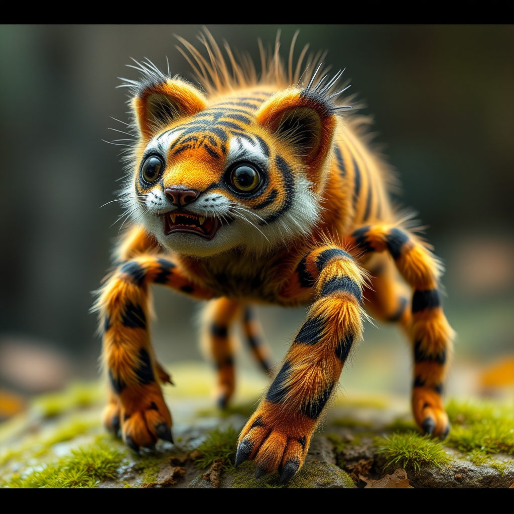 This charming yet frightening Spider Tiger features six legs, a hairy, furry body, and a cat-like tiger physique combined with an insectoid tiger head and tiger legs. The furry head further adds to the creature's unique appearance, creating a captivating blend of cuteness and fear that makes this six-legged, furry, insect-inspired tiger both adorable and scary.
