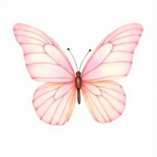 Create a watercolor illustration of a delicate pink butterfly with soft gradient wings, showcasing shades of light pink and cream. The butterfly should be depicted from a side view, highlighting its intricate wing patterns and gentle curves. The background should be minimal to emphasize the beauty of the butterfly.
