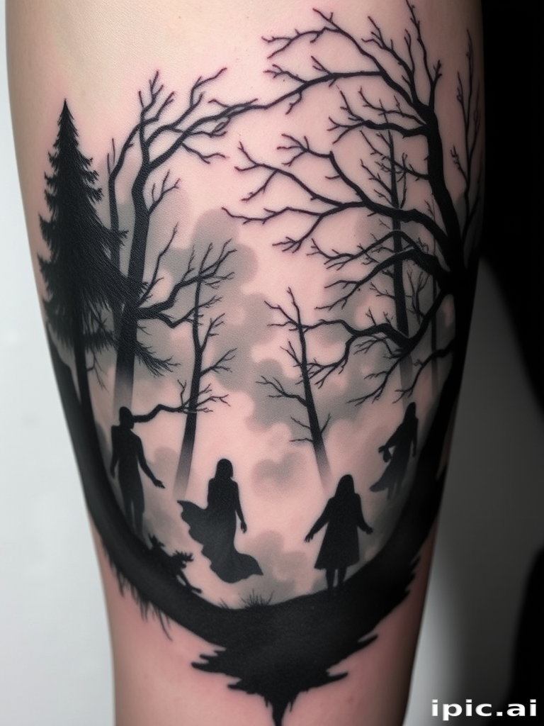 Atmospheric black and gray tattoo called "Misty Reverie" depicting a ethereal forest scene with ghostly figures and swirling mist, utilizing soft gradients and negative space for a haunting effect