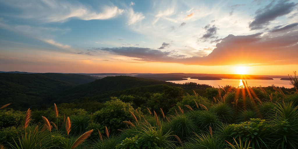 Generate a high-resolution image of a serene landscape at sunset with lush greenery and a calm lake, using a Canon EOS R5 with a 24-70mm f/2.8 lens, aperture set to f/8, ISO 100, and a shutter speed of 1/125 sec, shot from a low angle with a wide-angle perspective.