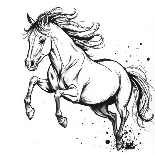 Sketch-style tattoo "Ephemeral Essence" capturing the raw energy of a wild horse in motion using loose, expressive black ink strokes and subtle shading to create a sense of movement