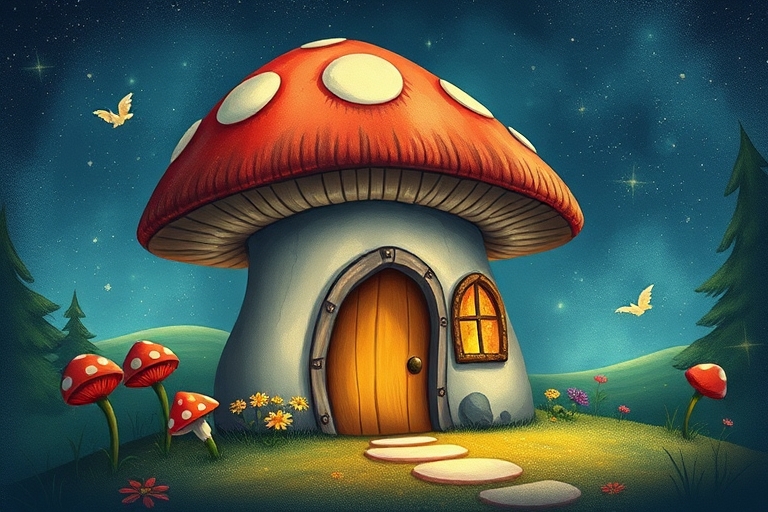 create illustration of a mushroom house with a door and a window, a storybook , fantasy art, mushroom house, bg starry sky, sparkles