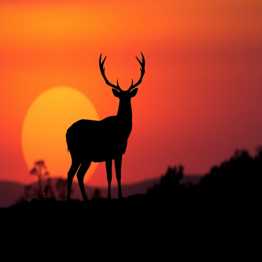 create a minimalist black silhouette of a deer standing on a hill with trees in the background during sunset with a gradient sky transitioning from orange to purple
