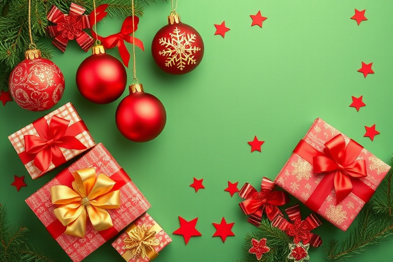 Generate a festive holiday scene featuring a green background with red and gold Christmas ornaments, presents wrapped in colorful paper with bows, and scattered red stars. Include a touch of evergreen branches for a seasonal feel.