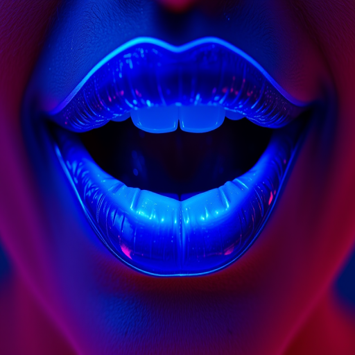 Fascinating depiction of electric blue lips with a neon sheen, showcasing vivid color payoff and attention-grabbing brightness