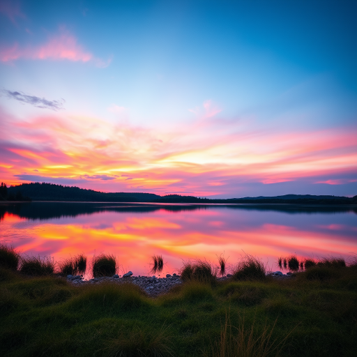Generate an image of a serene landscape at sunset with vibrant colors reflecting on a still lake, shot with a Canon EOS R5, 24mm f/1.4 lens, ISO 100, aperture f/8, 1/125 sec, using a wide-angle view to capture the expansive sky and foreground.