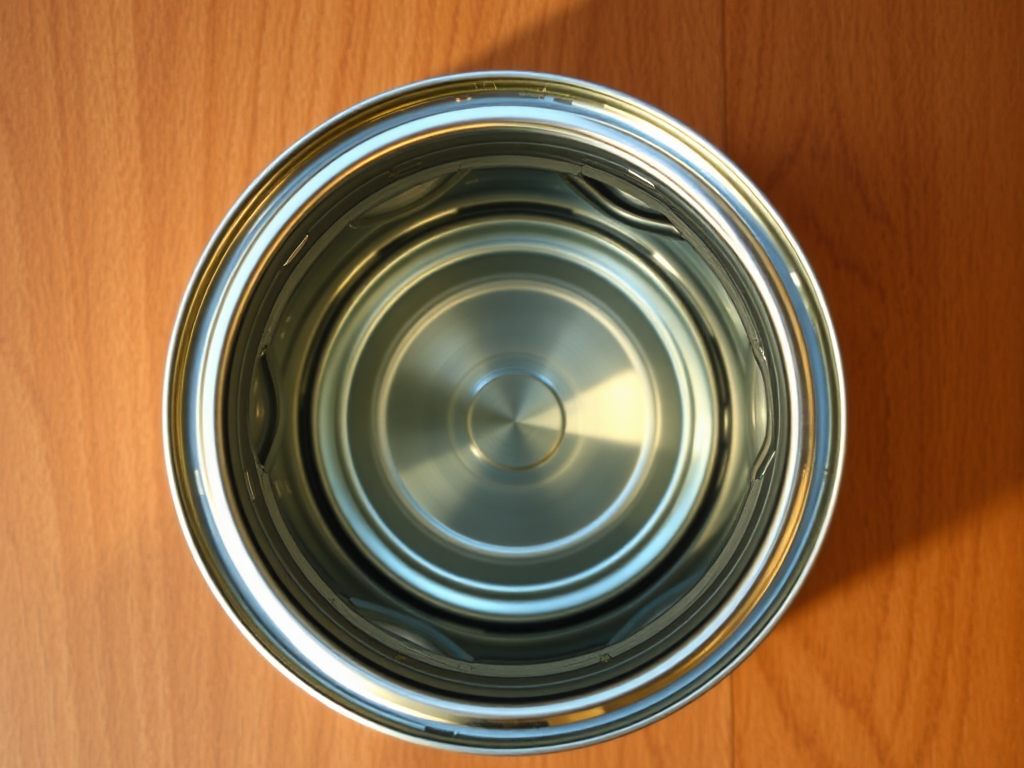 Generate a highly detailed illustration of an open tin can from a top-down view using a DSLR camera at f/8 aperture, ISO 100, shutter speed 1/200s with soft natural lighting, emphasizing reflections and textures for enhanced image quality.