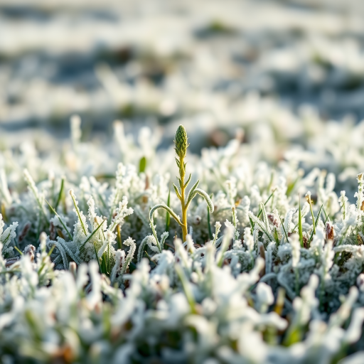 frost-covered grassland with a single green plant in focus, shallow depth of field, soft natural lighting, DSLR camera, 50mm lens, f/2.8 aperture, ISO 100, shutter speed 1/200 sec, shot from eye level, enhancing clarity and color vibrancy