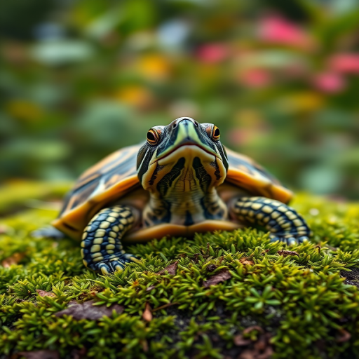 Generate a hyper-realistic close-up image of a turtle sitting on green moss with vibrant foliage in the background, using a DSLR camera at f/2.8, ISO 100, 85mm lens, shallow depth of field, soft natural lighting for enhanced details and colors.
