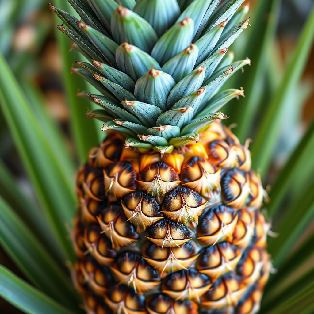 Generate a vibrant and highly detailed illustration of a pineapple with a thick, textured body and lush, spiky green leaves, using a DSLR camera with a 50mm lens, aperture set to f/1.8 for a shallow depth of field, ISO 100, and a soft natural light to enhance colors and contrast.