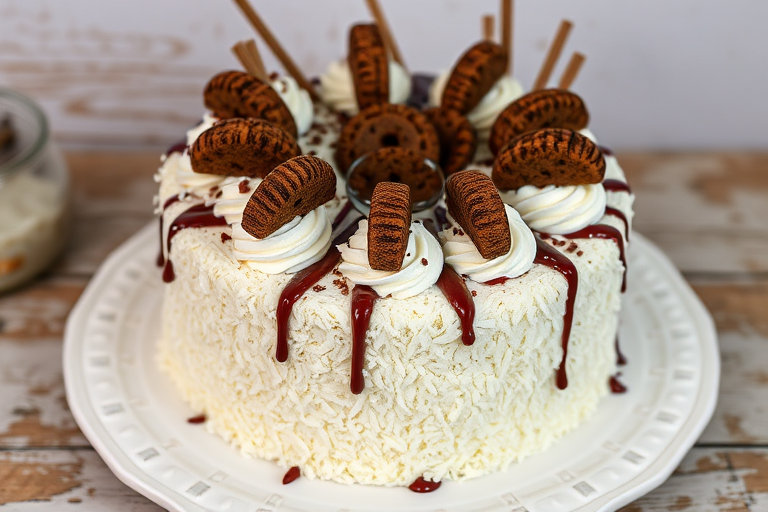 A beautifully decorated cake with a textured exterior covered in shredded coconut and topped with swirls of whipped cream chocolate drizzle and cookie accents arranged artfully on top served on a decorative white plate with a rustic background.