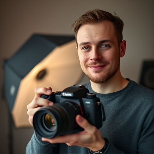 portrait of a man holding a camera with a softbox in the background, 85mm lens, f/1.8 aperture, ISO 100, natural light, shallow depth of field, DSLR camera, warm color grading
