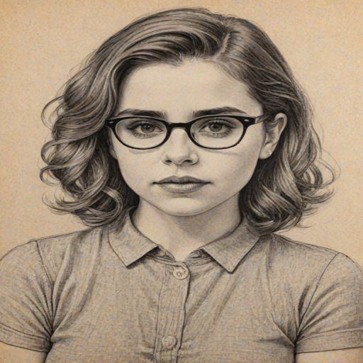 Exquisite Mae Whitman, pencil sketch, portrait of Bewitching woman 1946s in glasses, hair style beatnik, outline, clear lines, fine lines, 8k