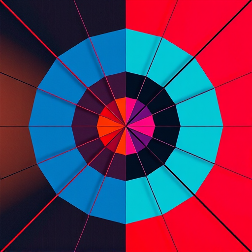 Generate an abstract geometric design featuring sharp lines and vivid colors, using a Canon EOS R5 camera with a 50mm f/1.2 lens, aperture set to f/2.8, ISO 100, and natural lighting to enhance image quality, shot from a top-down view.
