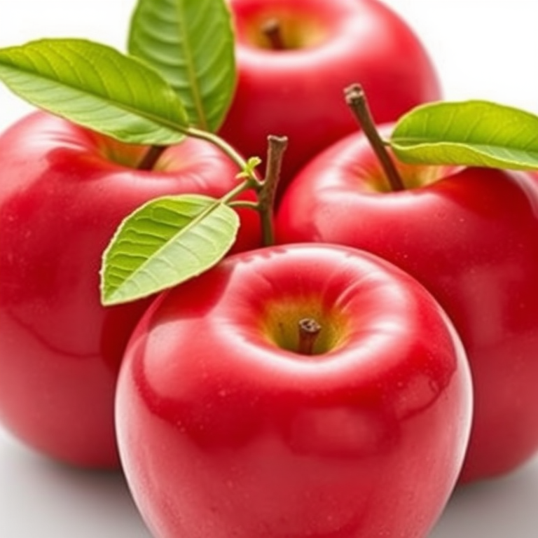 Create a high-resolution digital illustration of four glossy red apples clustered together, with bright green leaves on top, using a Canon EOS 5D Mark IV camera with a 50mm lens, aperture set to f/1.8, ISO 100, and soft diffused lighting for enhanced detail and color vibrancy.