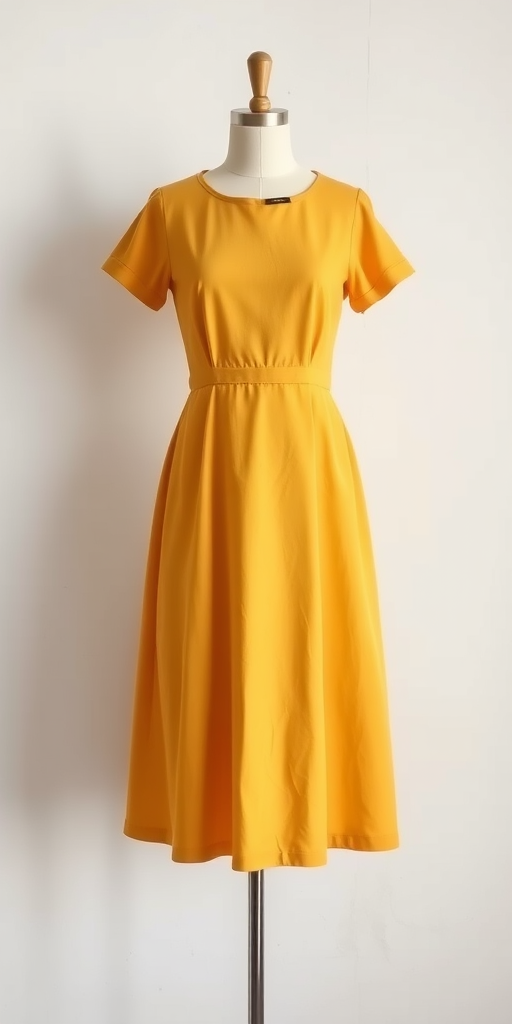 Create a high-resolution image of a classic A-line dress in a solid color, lit with soft diffused lighting, using a DSLR camera with a 50mm lens, aperture set to f/2.8, ISO 100, and captured from eye level to enhance details and texture.