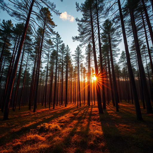 Create a high-resolution image of a serene forest landscape during the golden hour, captured with a Canon EOS R5, 24mm lens, aperture f/8, ISO 100, and a focal length of 24mm, using a wide-angle perspective to emphasize depth and vibrant lighting.