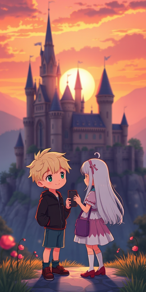 Create a high-quality digital illustration of a castle landscape at sunset featuring two cartoon characters, a boy with light hair and a girl with white hair, standing together with a smartphone, using a Canon EOS R, 24mm f/1.4 lens, aperture f/2.8, ISO 100, and a soft focus effect for an enchanting atmosphere.