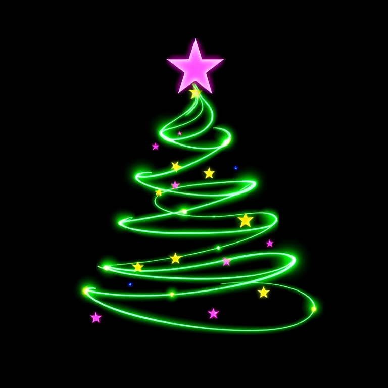 Create an image of a stylized Christmas tree made of swirling green light. At the top, place a pink star, and add small, colorful stars scattered throughout the tree. The background should be black to highlight the vibrant colors of the lights.