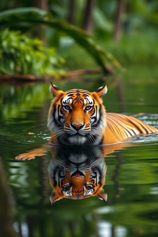 A tiger swimming in a serene forest pond with lush greenery reflecting in the water, shot with a DSLR camera, 50mm lens, aperture f/2.8, ISO 200, soft focus, natural lighting, eye-level view.