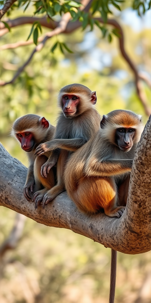 capture a close-up of baboons sitting on a large tree branch with a blurred natural background, using a DSLR camera with a 50mm lens, aperture f/2.8, ISO 400, at a shutter speed of 1/200s, in natural daylight with a focus on the baboons' textures and expressions