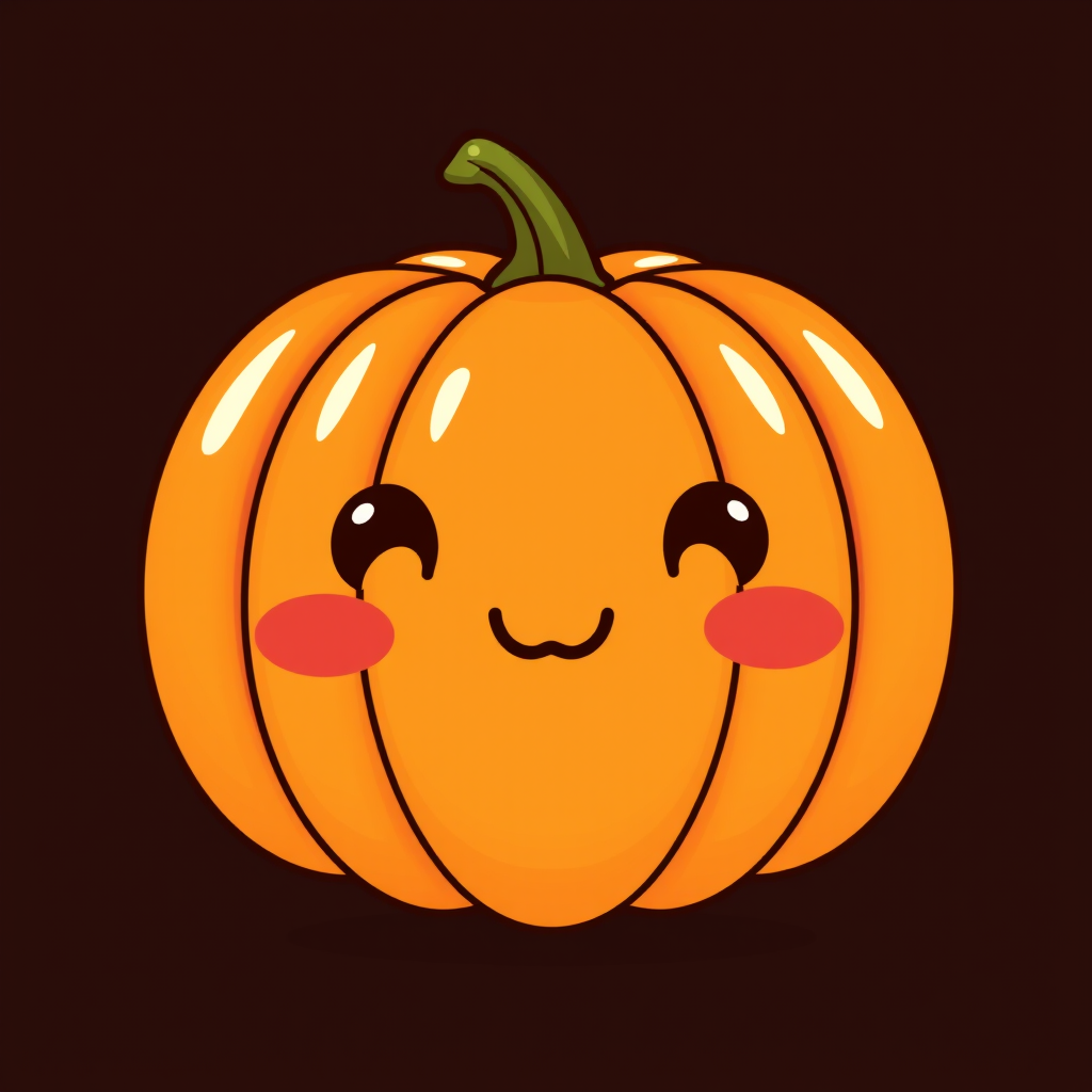Create a kawaii-style pumpkin with a cheerful, happy face and rosy cheeks. The pumpkin should be vibrant orange with a shiny texture. Design it to be cute and playful, ideal for a light-hearted Halloween or autumn theme, with a simple and whimsical expression.