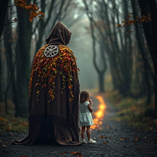 Create a mystical forest scene featuring a figure with an intricately detailed cloak made of autumn leaves, standing protectively in front of a small girl walking towards a glowing path, captured with a Canon EOS R6, 50mm lens, f/1.8, ISO 100, with a soft-focus background and dramatic lighting to enhance the ethereal atmosphere.