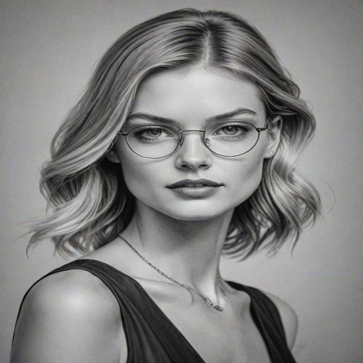 Resplendent Martha Hunt, pencil sketch, portrait of Magnificent woman 1925s in glasses, hair style beatnik, outline, clear lines, fine lines, 8k