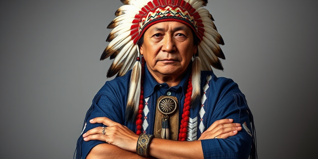 Create a dignified portrait of a Native American man dressed in traditional attire. He wears a beautifully crafted headdress adorned with white feathers and red beads, along with a beaded headband featuring intricate patterns. His clothing includes a deep blue, patterned shirt and a traditional chest piece with detailed beadwork. His arms are crossed, displaying leather armbands decorated with feathers. The background is simple and neutral, emphasizing his proud and stoic expression. The overall image captures the rich cultural heritage and strength of his persona.