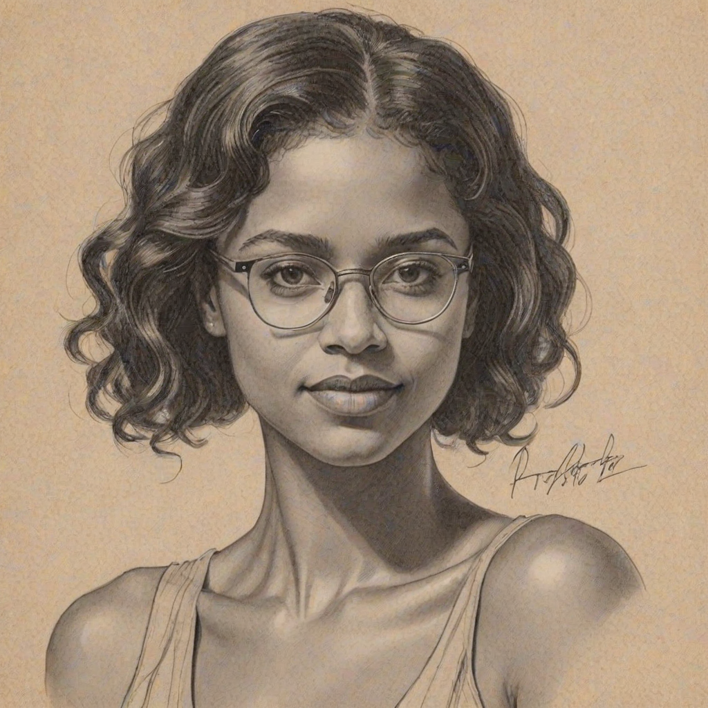 Sublime Ren'e Elise Goldsberry, pencil sketch, portrait of Wonderful woman 1923s in glasses, hair style beatnik, outline, clear lines, fine lines, 8k