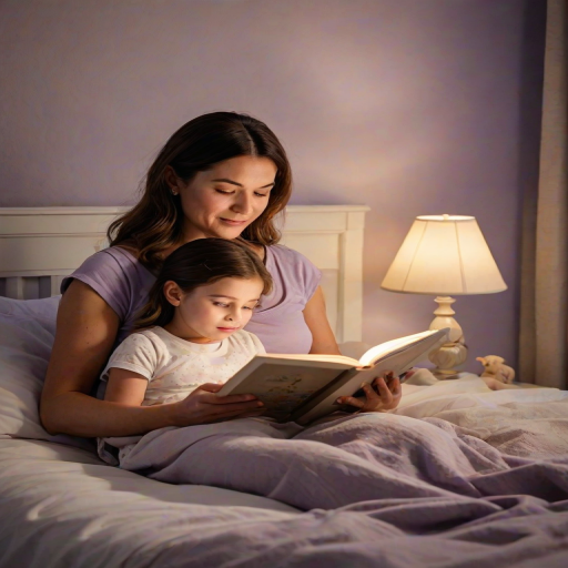 Warm, intimate image of a mother reading a bedtime story to her child, soft glow from a bedside lamp casting warm shadows, the smell of lavender and clean linens in the room.
