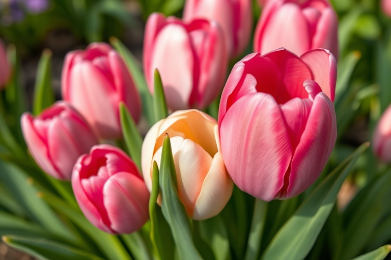 Close-up of vibrant pink and white tulips with soft green leaves, natural lighting, f/2.8, ISO 100, 50mm lens, shot from a low angle, DSLR style photography.