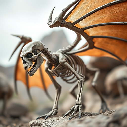 Create a highly detailed illustration of a mythical skeletal creature with wings, captured in a low-angle view with a 50mm lens at f/8 for sharp depth of field, using a high-resolution DSLR camera to enhance clarity and vividness.