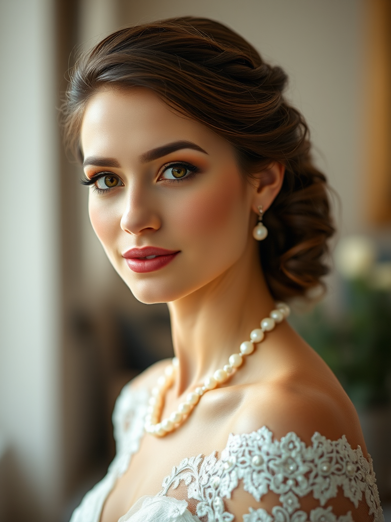 portrait of a beautiful bride with elegant hairstyle and pearl jewelry, soft natural lighting, shallow depth of field, 85mm lens, f/1.8 aperture, ISO 100, Canon EOS R5, soft focus style, indoor environment with blurred background