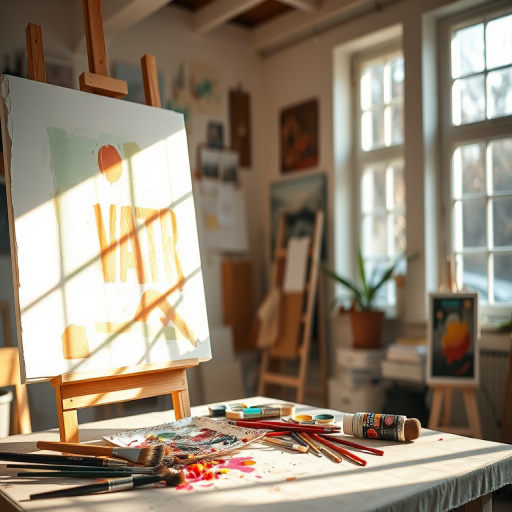 Warmly lit photo of an artist painting on a canvas in a sunlit studio, soft natural light illuminating the vibrant colors and brushes scattered across the table.