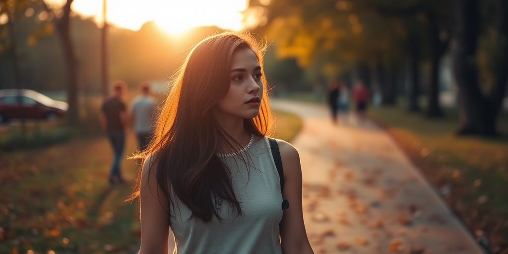 A young woman walking on a leafy path during golden hour, with a soft focus background of blurred figures, captured with a Canon EOS R5, 50mm f/1.2 lens, aperture f/2.8, ISO 100, shutter speed 1/250 sec, in portrait orientation for a warm, dreamy effect.