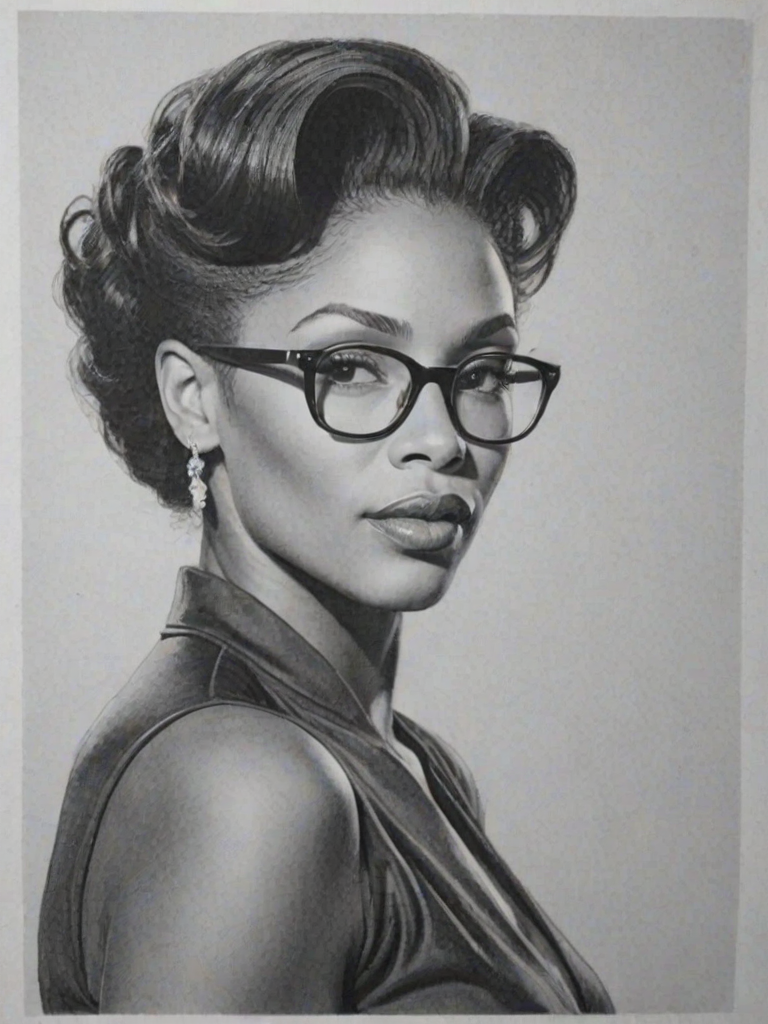 Elegant Adina Howard, pencil sketch, portrait of Captivating woman 1950s in glasses, hair style beatnik, outline, clear lines, fine lines, 8k