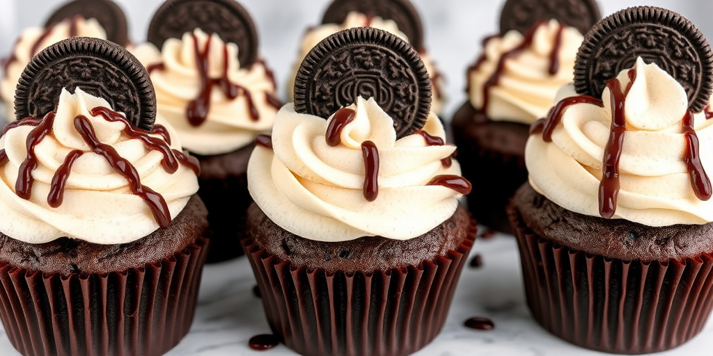 A close-up view of delicious chocolate cupcakes with fluffy cookies and cream frosting topped with an Oreo cookie and drizzled with chocolate sauce arranged on a white marble surface.