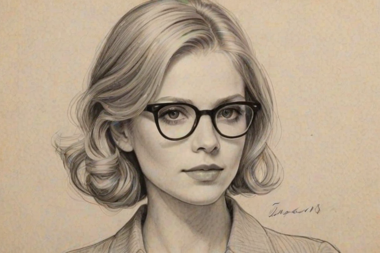 Superb Erin Moriarty, pencil sketch, portrait of Lovely woman 1934s in glasses, hair style beatnik, outline, clear lines, fine lines, 8k