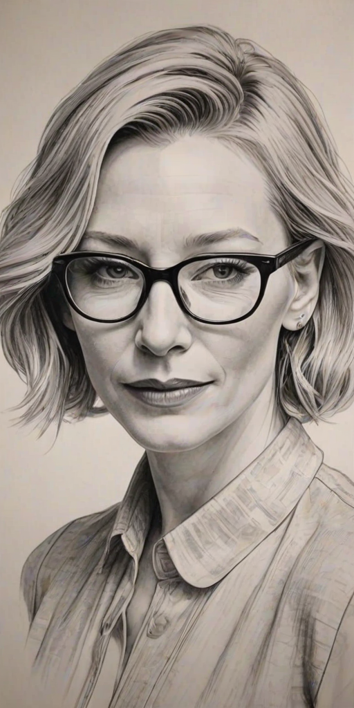 Dazzling Cate Blanchett, pencil sketch, portrait of Stunning woman 1926s in glasses, hair style beatnik, outline, clear lines, fine lines, 8k
