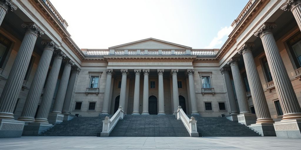 regenerate a high-resolution image of a grand neoclassical building featuring a large staircase and columns, taken with a Canon EOS R5 at f/8, ISO 100, 24mm lens, use a wide-angle perspective for a dramatic view, ensuring vibrant lighting and clear sky backdrop
