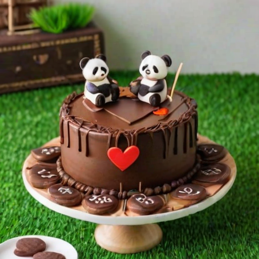 Create an image of a heart-shaped chocolate cake surrounded by decorative cookie sticks. The cake features a cute panda figurine sitting on top, along with green grass-like decorations. The background should be simple to highlight the cake's details.
