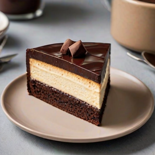 Create an image of a slice of layered cake featuring rich chocolate and creamy filling, presented on a stylish, modern plate with an artistic design. The setting should emphasize the textures and colors of the cake, inviting viewers to appreciate its deliciousness.